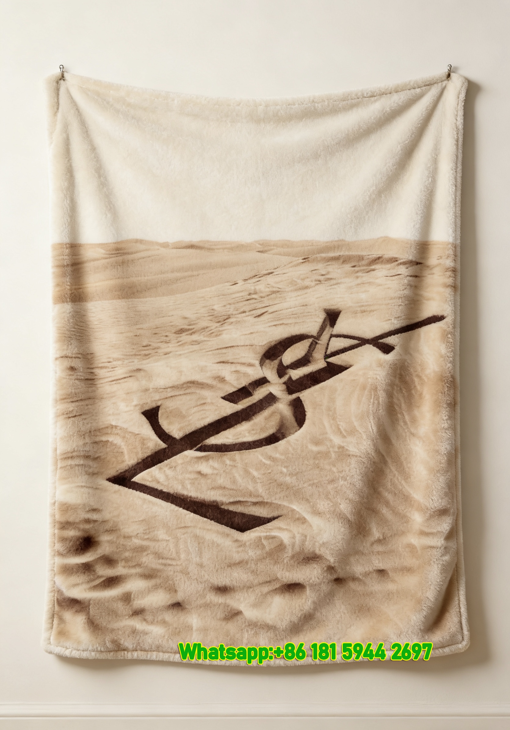 Yves Saint Laurent YSL Warm Beige Desert Sand Logo Print Flannel Sofa Throw Blanket Luxury Minimalist Decor Blanket IMG_3243